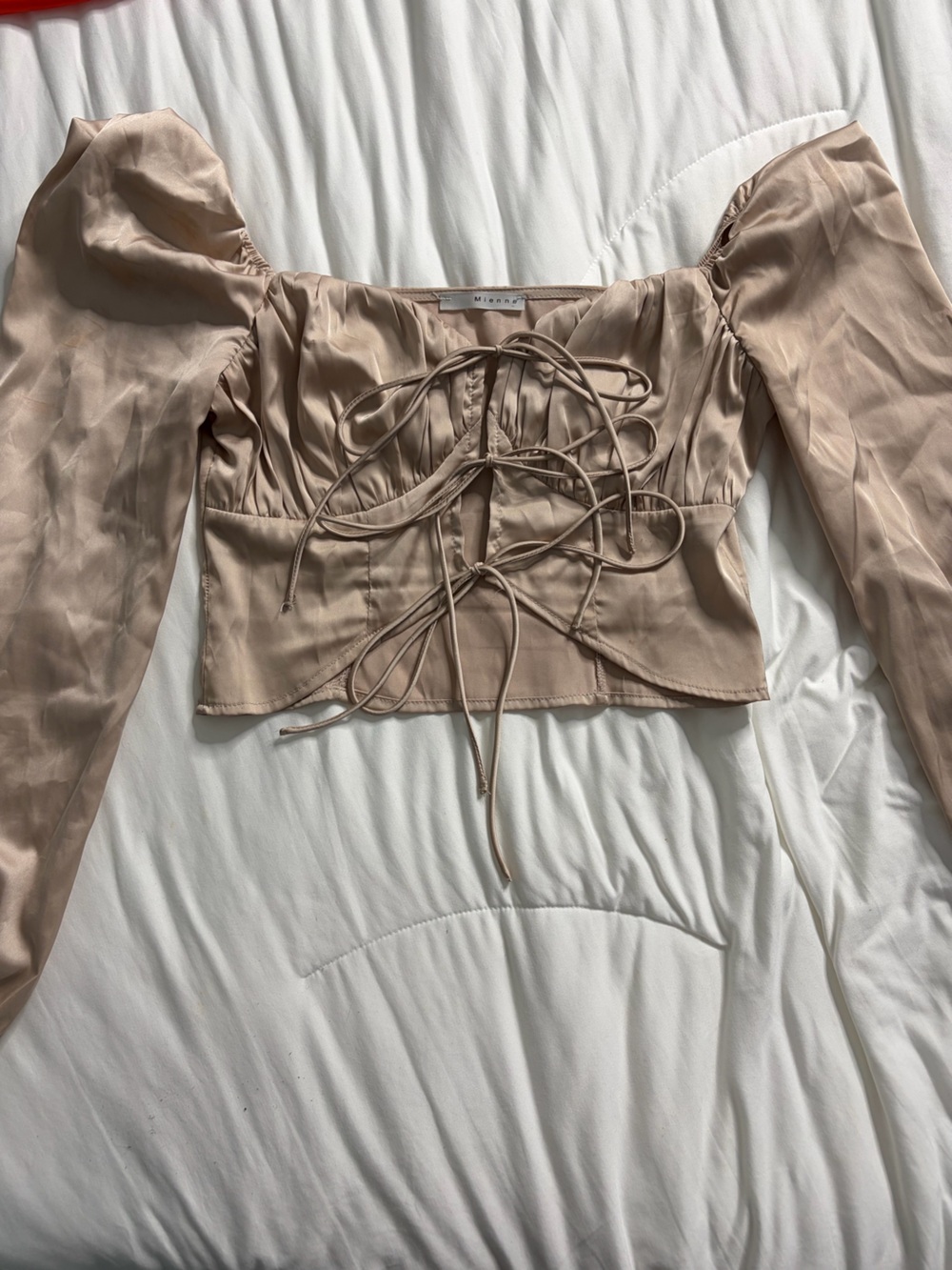 La Mienne Nude Blush Satin Lace-Up Crop Top